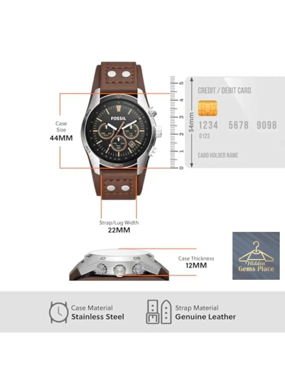 Men's Fossil Quartz Chronograph Leather Strap Watch 44mm Water Resistant